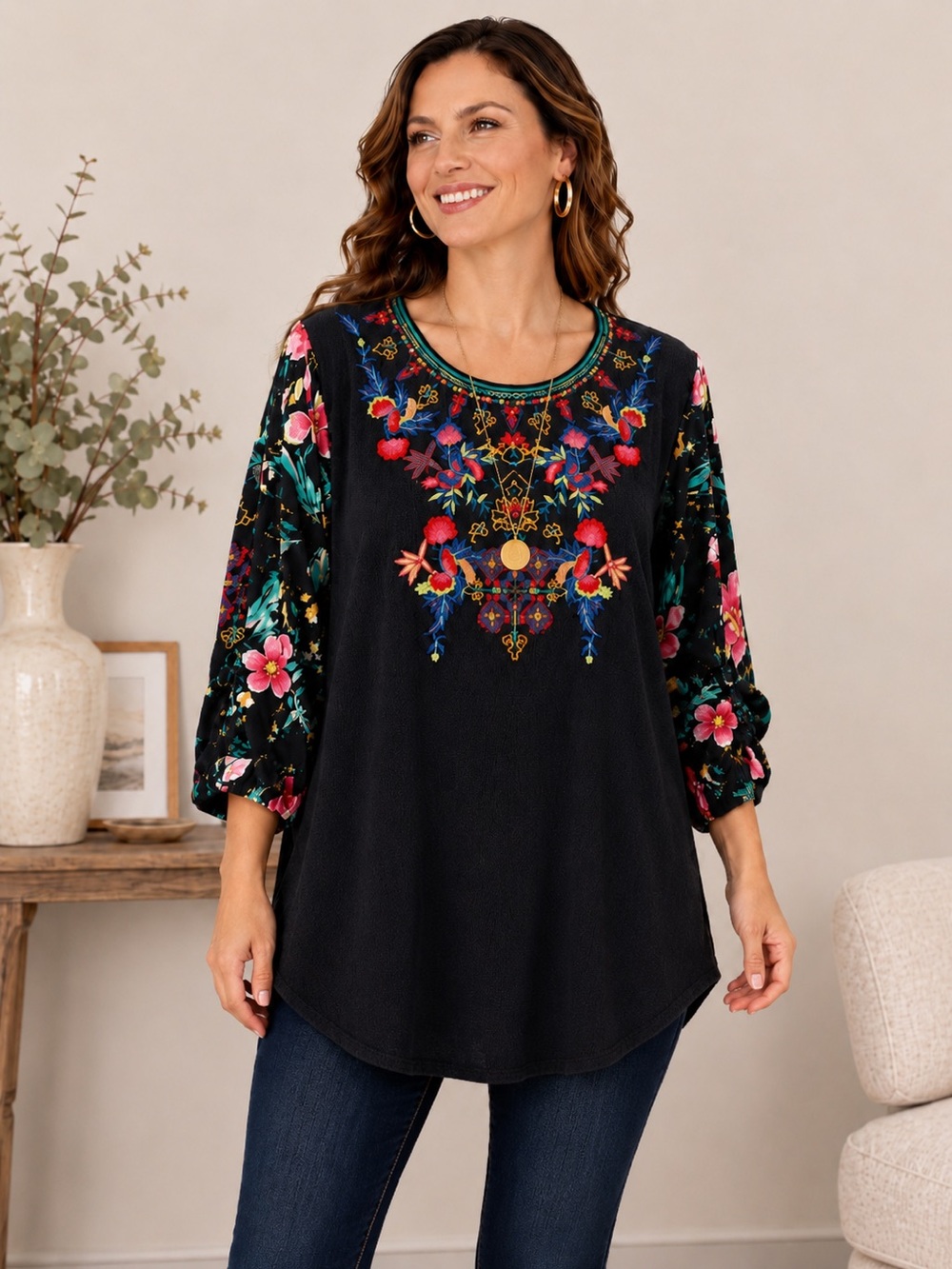 Calessa Embroidered Boho Tunic Top - Mixed Print - Preloved